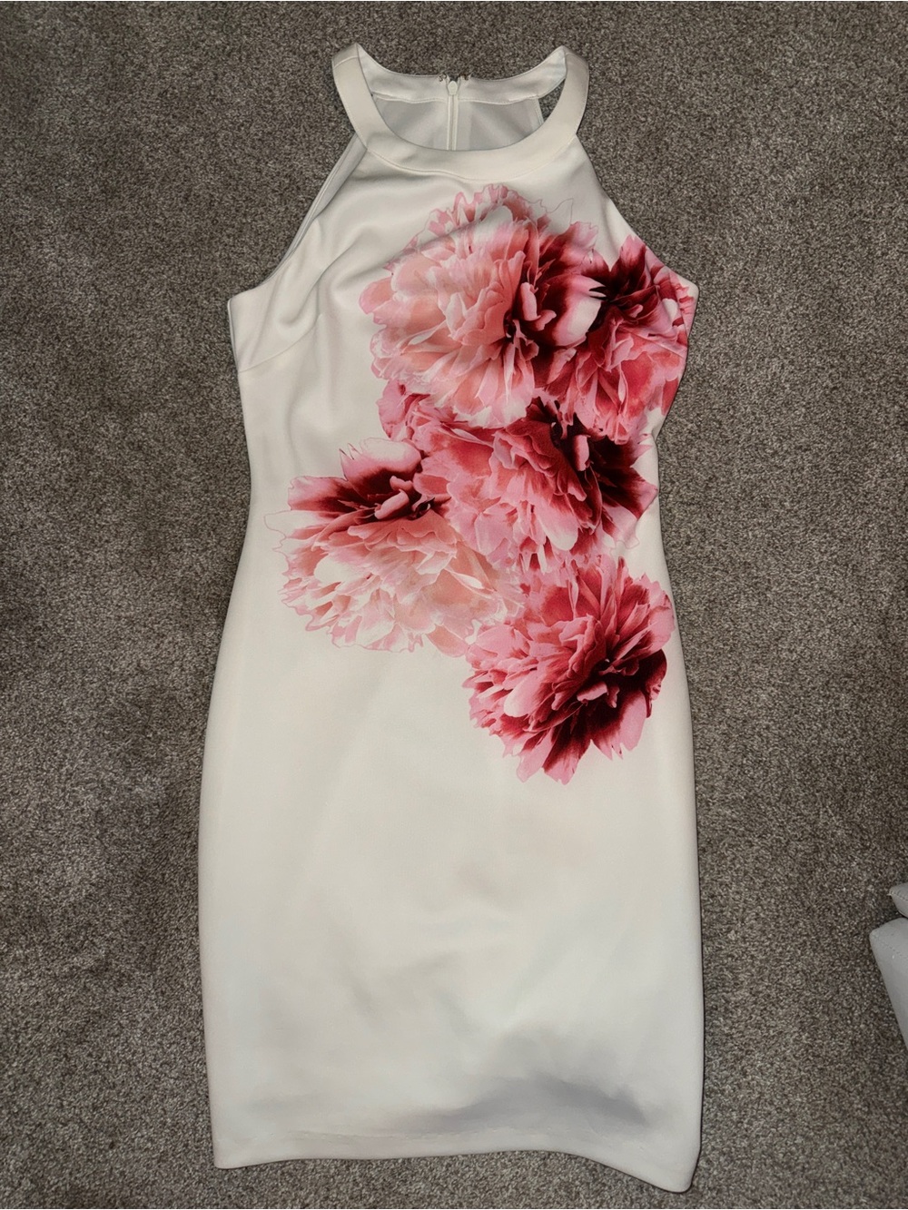 Guess Floral Halter Sheath Dress in White with Pink Bloom Print